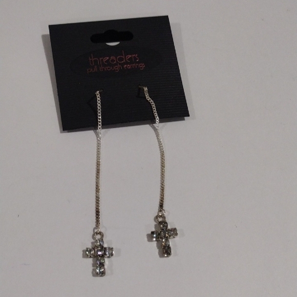Threaders Silver tone Cross Pull Through 3-in Earrings - Women's Fashion Jewelry - Picture 4 of 7